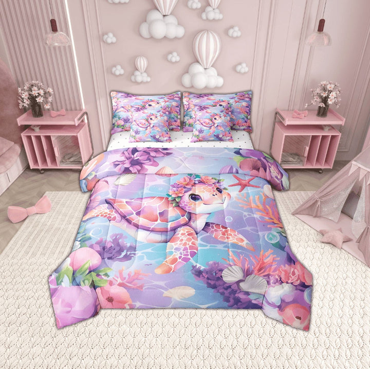 Erosebridal Sealife Turtle Bedding Sets Twin Size,Marine Animal Comforter Sets with Sheets,Uderwater World Decor,Breathable,7pcs