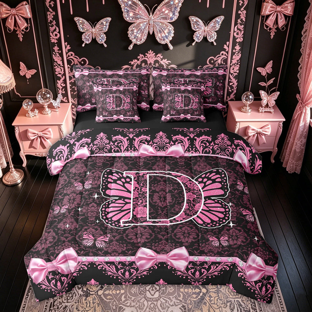 Meiyoeat Fashion Bow Damask Flower Bedding Comforter Set for Women Girls, Glitter Print Butterfly D Letter King Bedding Sets, Black Pink, Black Reversible, 7-Piece