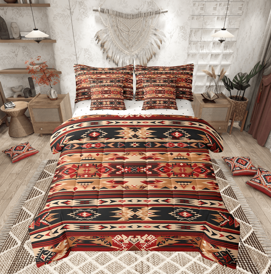Western Bed in a Bag Queen Comforter Set 7 Piece,Southwestern Sheet Set with Comforter,Geometric Aztec Bedding Sets,Retro Exotic Stripes Bed Set Geometry Triangle Western Decor for Bedroom