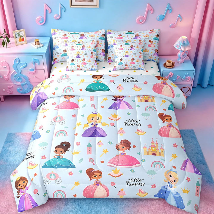 Erosebridal Little Princess Bedding Twin Size,Kawaii Girls Bed Set,Blue Flower Caslte Bedding Sets Twin Size For Girls,Ultra Soft Room Decor Reversible,7pcs