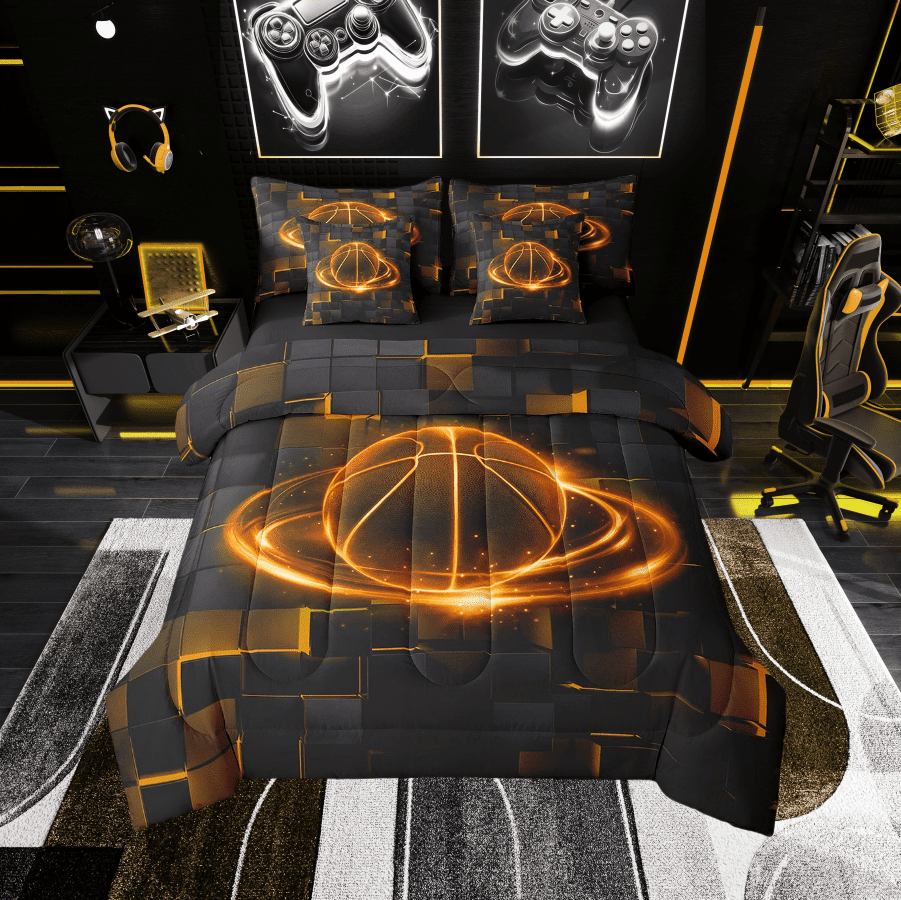 Basketball Queen Comforter Set 7 Pieces,Hippie Basketball Comforter Queen Size for Bed Reversible,Sports Game Bed in a Bag with Comforter, Sheets, Pillowcases &amp; Shams