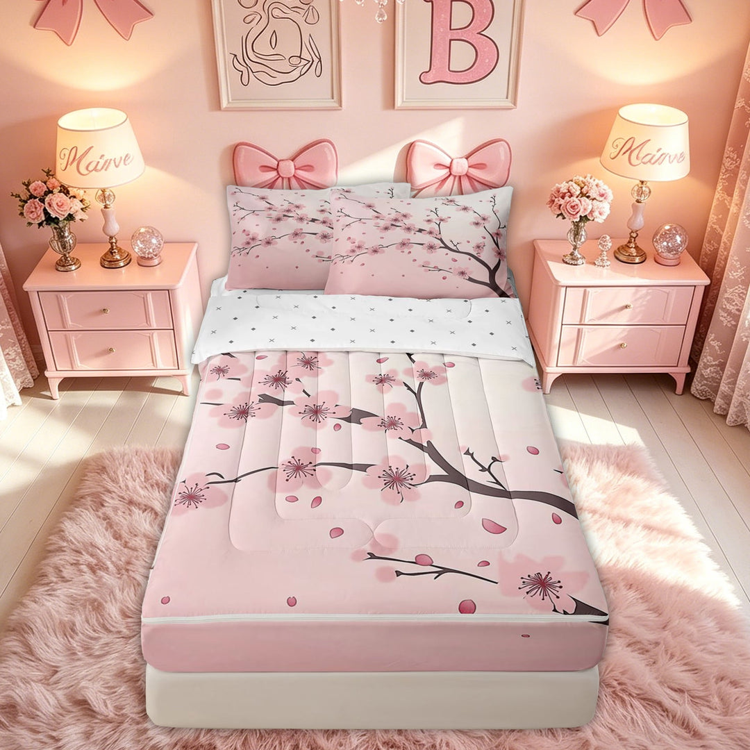 meiyoeat Pink Japanese Cherry Blossom Zipper Full Size Comforter Sets with Fitted Sheet and 2 Pillowcases for Kids Girls, Watercolor Floral Flower Zipper Bedding Set, ReversibleG
