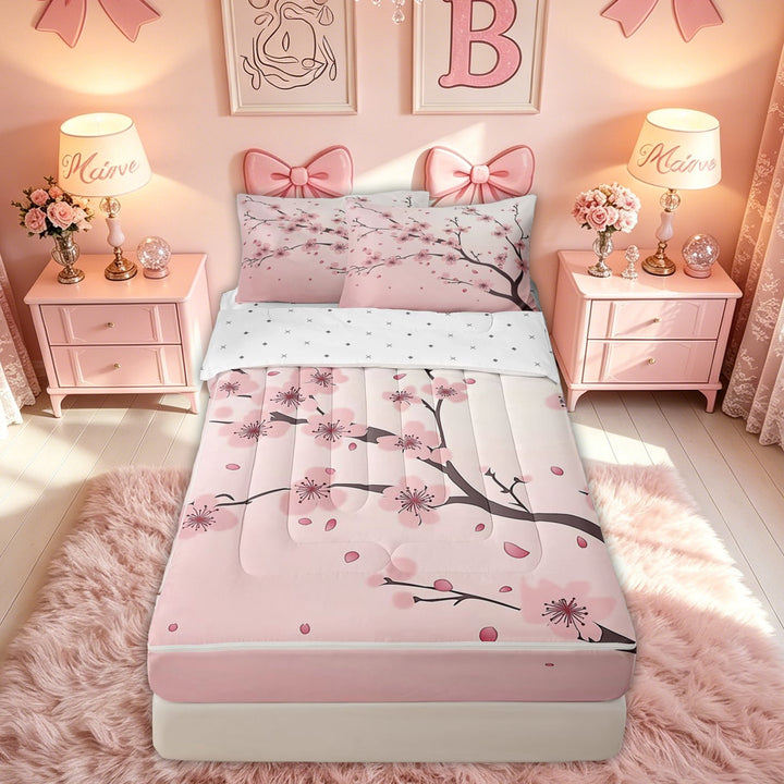meiyoeat Pink Japanese Cherry Blossom Zipper Full Size Comforter Sets with Fitted Sheet and 2 Pillowcases for Kids Girls, Watercolor Floral Flower Zipper Bedding Set, ReversibleG