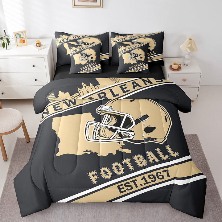 Erosebridal Sports Bed in a Bag Twin size Teens, American Football Quilted Comforter, Black Brown, New Orleans, Lightweight 7pcs