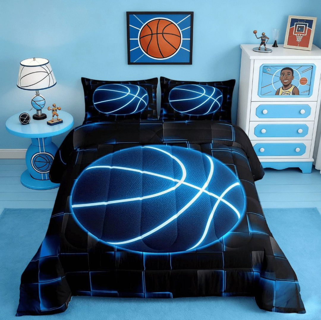 Manfei Basketball Gaming Sports Full Size Comforter Sets For Boys Teens, Blue And Black Geometric Honeycomb Bedding Sets Reversible 3pcs