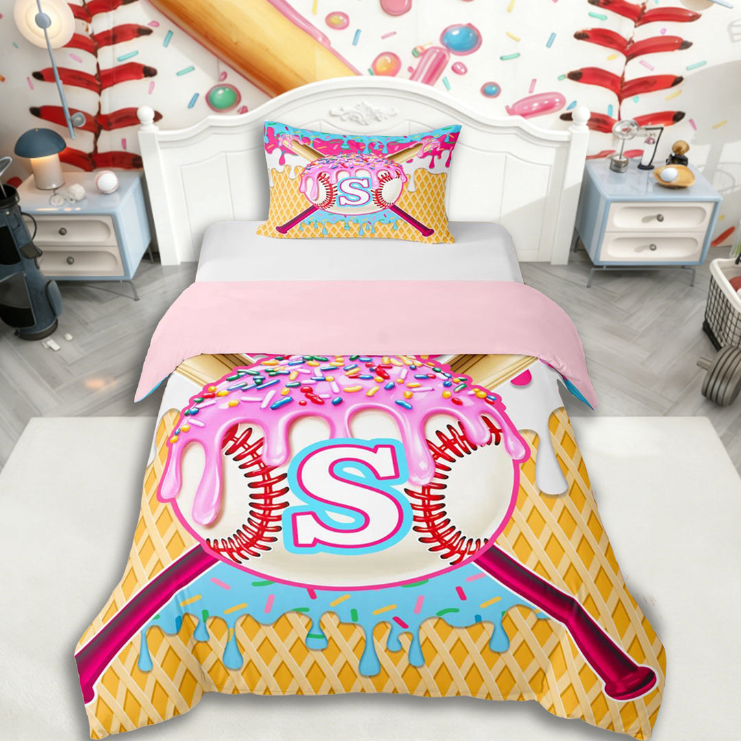 Erosebridal Ice Cream Baseball Print Twin Bedding For Kids,Boys Sport Theme Personalized Initial S Duvet Cover Set,Pink Reversible,2pcs,No Comforter