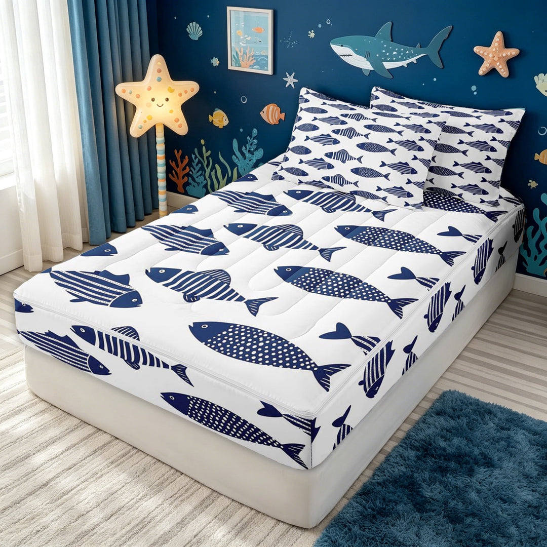 meiyoeat Cute Ocean Pike Fish Zipper Full Size Comforter Sets with Fitted Sheet and 2 Pillowcases for Girls Boys Girls, Cartoon Line Animal Zipper Bedding Set, Blue Reversible, 4 Pieces