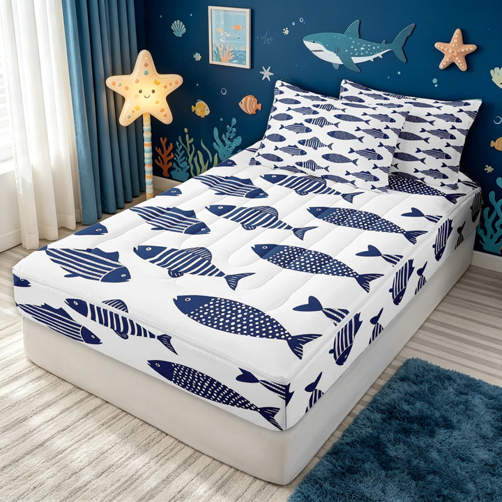 meiyoeat Cute Ocean Pike Fish Zipper Full Size Comforter Sets with Fitted Sheet and 2 Pillowcases for Girls Boys Girls, Cartoon Line Animal Zipper Bedding Set, Blue Reversible, 4 Pieces