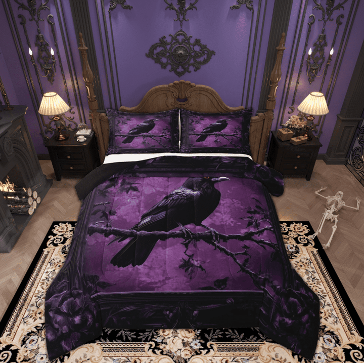 Manfei Black Purple Crow Queen Comforter Set for Kids, Vintage Western Bohemian Bedding Sets, Halloween Theme Reversible Bedding Comforter Set, Ultra Soft Home Decor, 3pcs