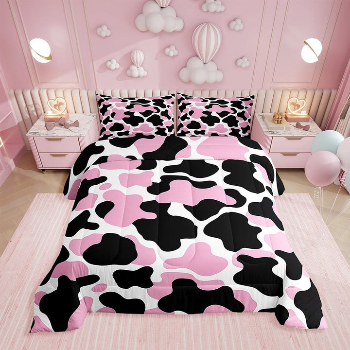 Pink Cow Print Comforter Set Cartoon Bedding Sets Full,Milk Cow Cowhide Down Comforter Western Decor for Home Farm Animals Duvet Set,Farmhouse Bull Cattle Kawaii Room Decor