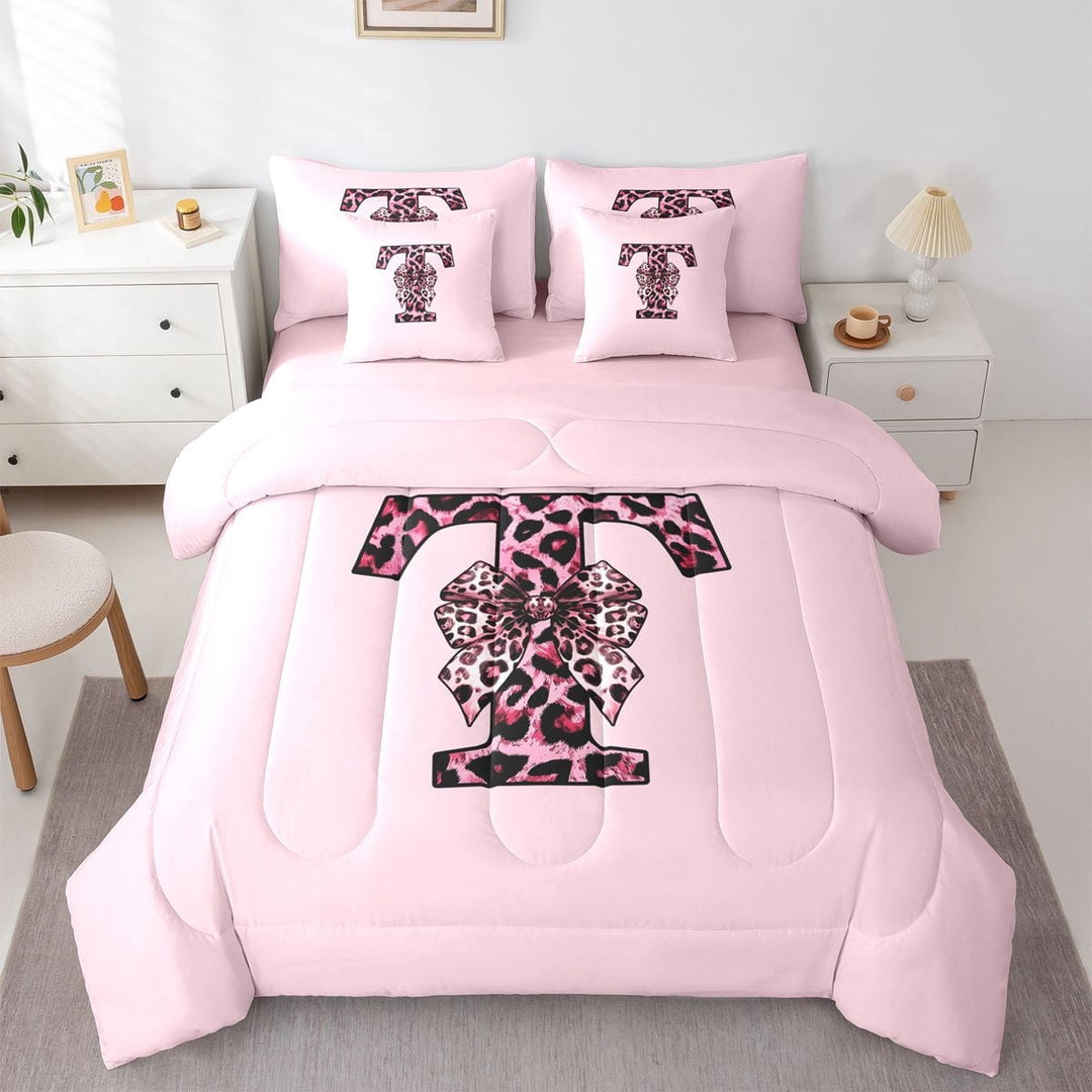 Erosebridal Kawaii Cheetah Print Bow Girl Twin Bedding Sets 7-Piece,Girls Teens Leopard Print Letter Monogrammed T Bedding Comforter Set,Pink Reversible