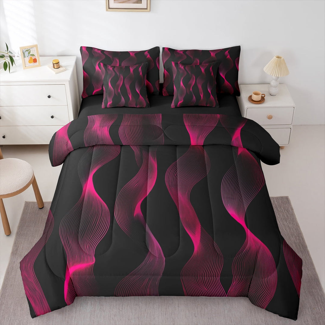 Rose Pink Bedding Sets Queen Size Women, Geometry Comforter Set 7 Piece Abstract Geometric Stripes Bed in a Bag Modern Aesthetic Sheet Set with Comforter Adults Luxury Room Decor