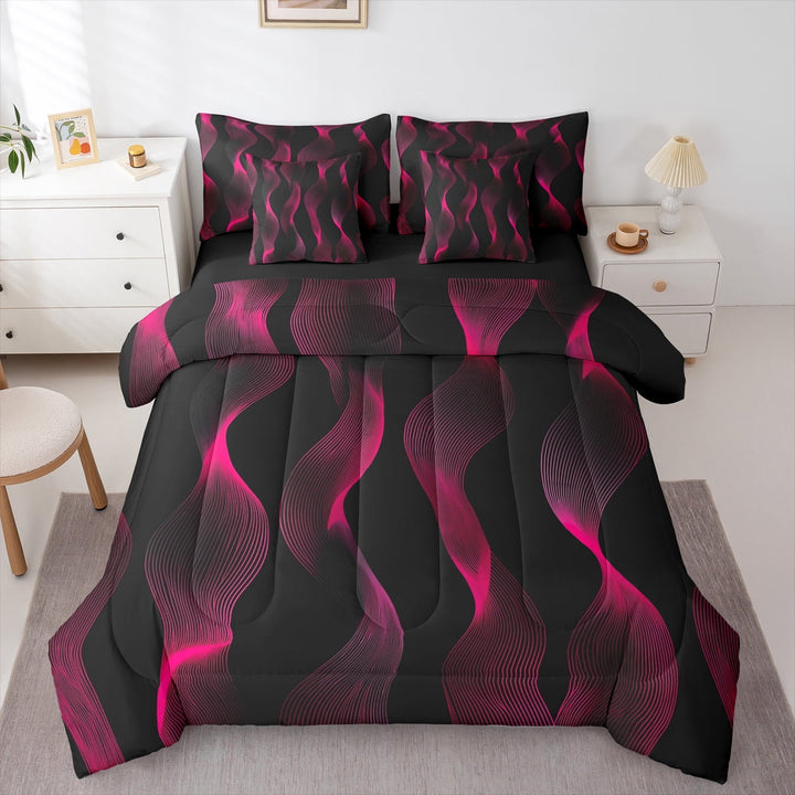 Rose Pink Bedding Sets Queen Size Women, Geometry Comforter Set 7 Piece Abstract Geometric Stripes Bed in a Bag Modern Aesthetic Sheet Set with Comforter Adults Luxury Room Decor