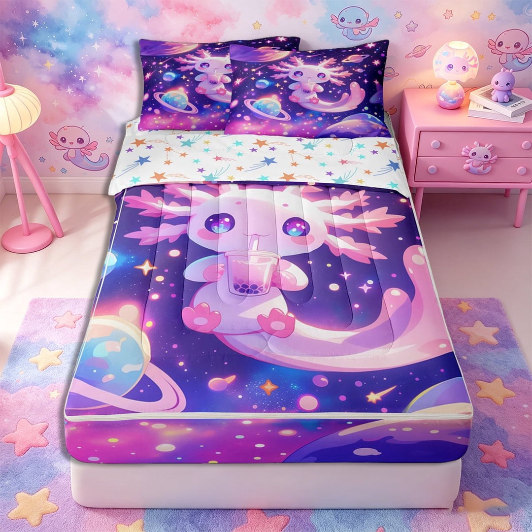 Meiyoeat Cosmic Kawaii Axolotl Zipper Twin Comforter Sets with Fitted Sheet and 2 Pillowcases, Whimsical Galaxy Planet Pattern Zipper Bedding Set, Purple Pink,4-Piece