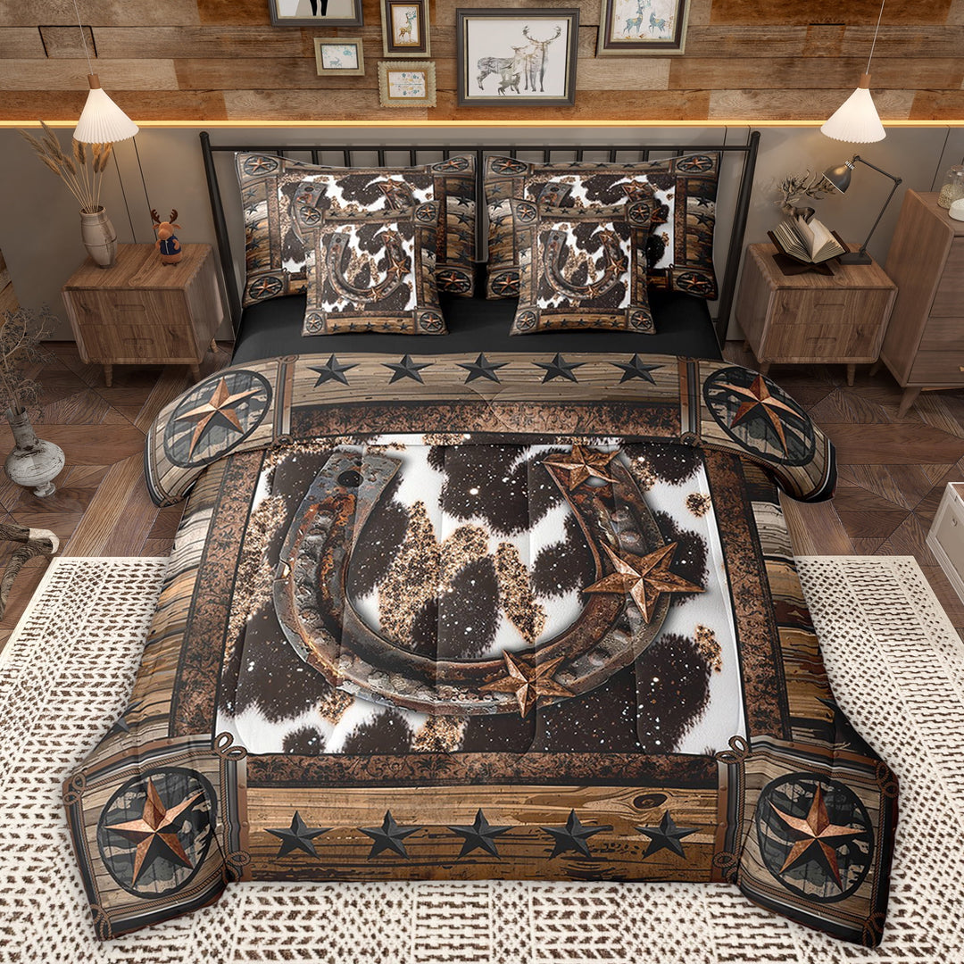 Manfei Rustic Horse Shose Bed in a Bag Twin size, Texas Stars Bed Set, Farmhouse Cow Print Reversible Bedding Twin Size, Breathable Bedroom Decoration, 7pcs