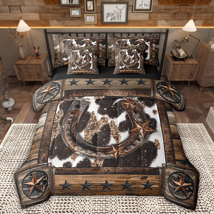 Manfei Rustic Horse Shose Bed in a Bag Twin size, Texas Stars Bed Set, Farmhouse Cow Print Reversible Bedding Twin Size, Breathable Bedroom Decoration, 7pcs
