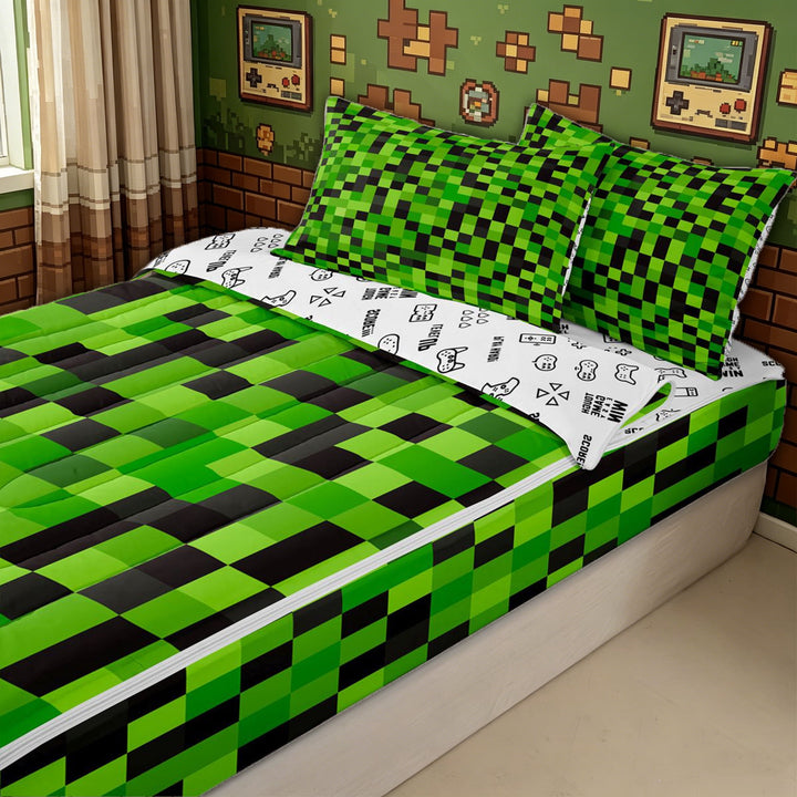 meiyoeat Green Black Pixel Zipper Full Size Comforter Sets with Fitted Sheet and 2 Pillowcases for Kids Boys, Block Grid Zipper Bedding Set for Bedroom, Gamepad ReversibleB