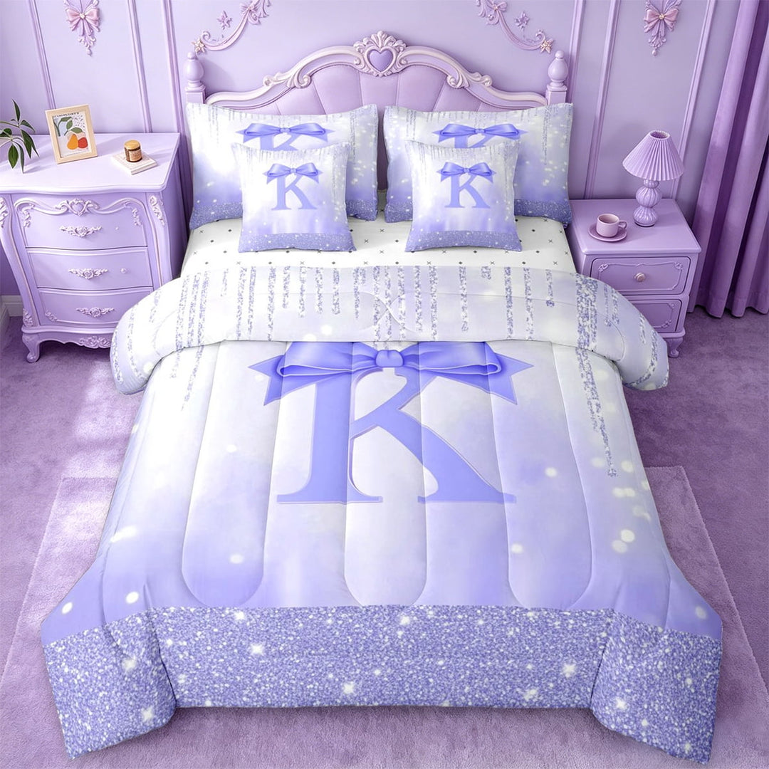 jejeloiu Cartoon Bowtie Bow 7 Pieces Bedding Comforter Set,Letter K Monogrammed Full Bedding Set For Girls Kids Reversible