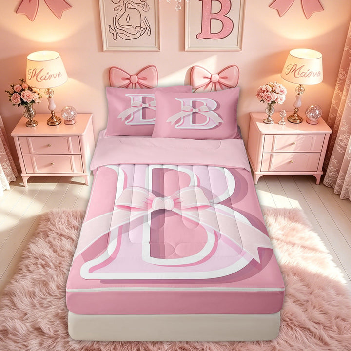 meiyoeat Princess Letter B Print Zipper Twin Comforter Sets with Fitted Sheet and 2 Pillowcases for Kids Girls, Girly Bow Monogram Zipper Bedding Set, Pink, Pink ReversibleG