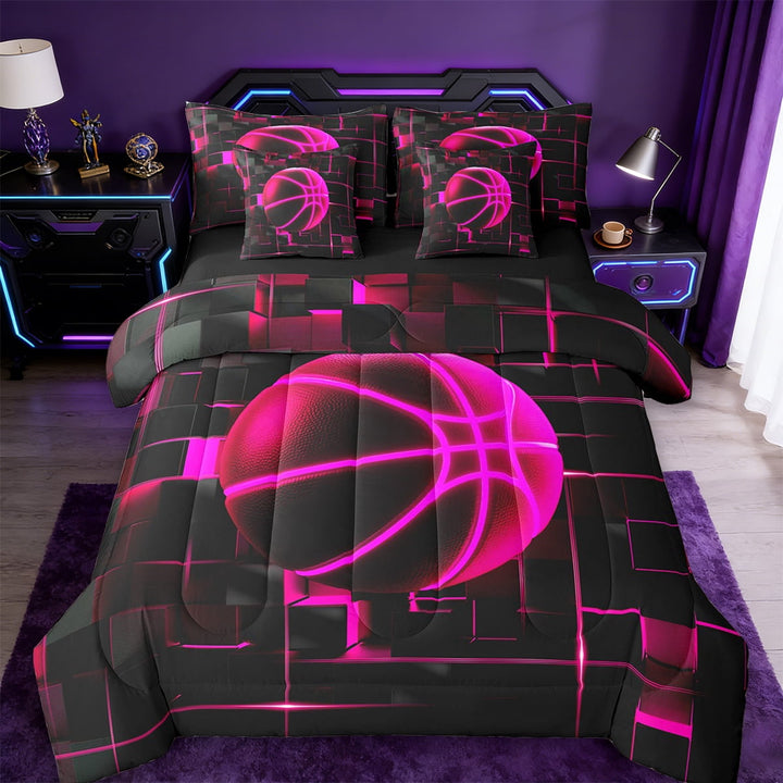 Erosebridal Girls Basketball Bedding Twin Size,Sports Game Comforter Sets with Sheets,Pink Geometric Glowing Plaid Bedding Sets Twin Size,Microfiber Bedroom Decor Reversible,7pcs