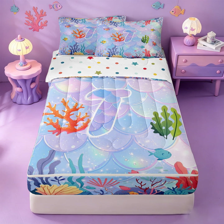 meiyoeat rainbow Ocean Coral Print Zipper Full Size Comforter Sets with Fitted Sheet and 2 Pillowcases,Initial Letter T Zipper Bedding Set,Reversible,4-Piece