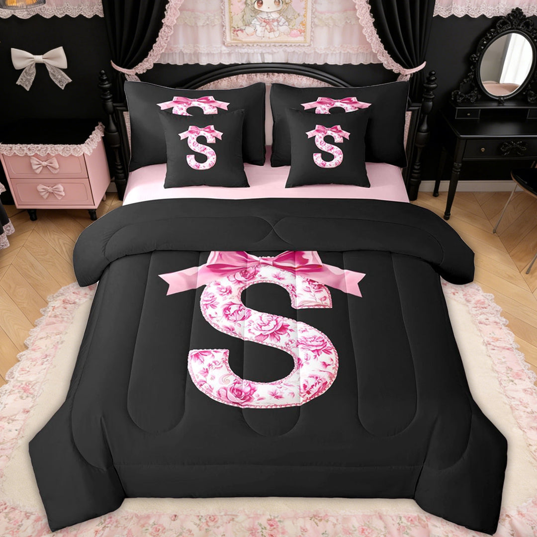 Erosebridal Floral Bow Letter S Twin Bedding Sets for Girls, Pink Initial Ribbon Bedding Comforter Set, Reversible, 7-Piece
