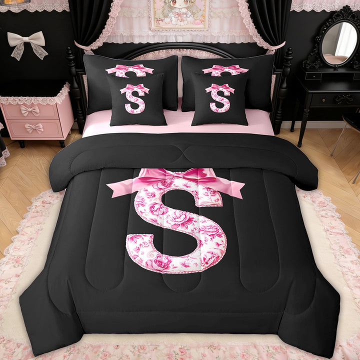 Erosebridal Floral Bow Letter S Twin Bedding Sets for Girls, Pink Initial Ribbon Bedding Comforter Set, Reversible, 7-Piece