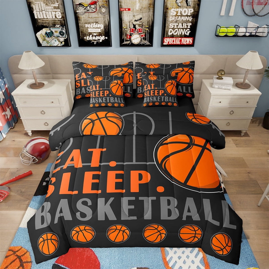 Basketball Twin Comforter Set with Sheets Sports Bedding Sets Teen Sport Game Ball Theme Bed in a Bag Basketball Decor Bed Set Bedroom Sports Sheets 7 Pcs Black Orange