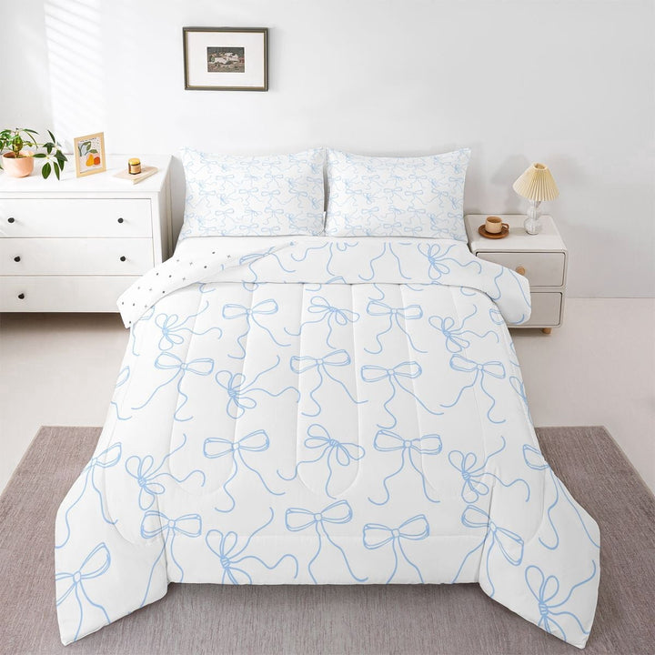 Erosebridal Kids Cute Bowknot Queen Comforter Set 3pcs,Girls Kawaii Blue Bow Tie Bedding Comforter Set,Lightweight Room Decor