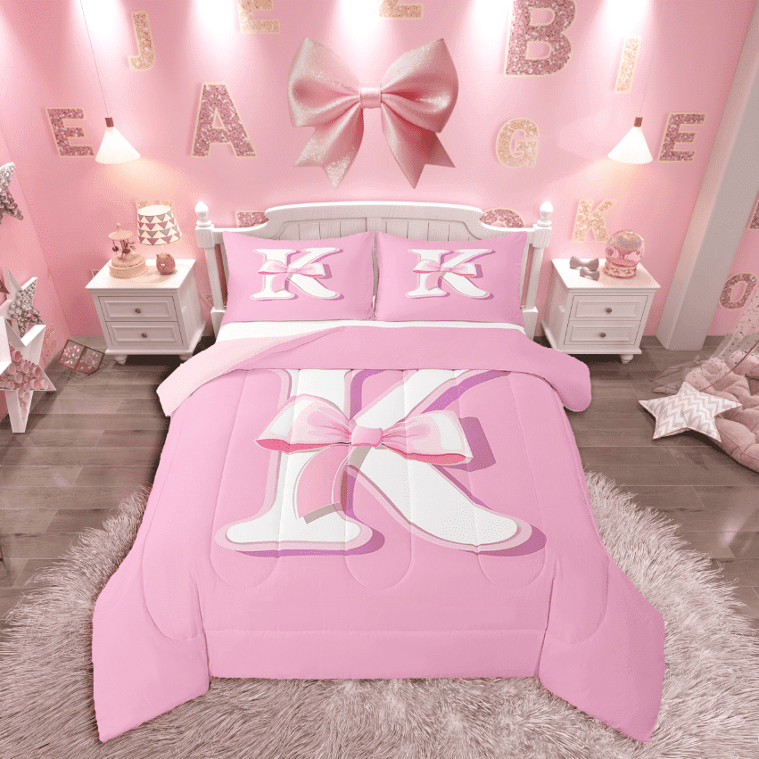 Manfei Kids Personalized Initial K 3pcs Full Comforter Set - Kawaii Pink Bow Princess
