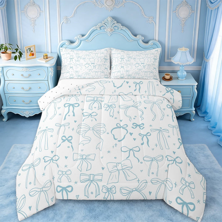 Manfei Kawaii Bowknot Bedding Comforter Set,Cartoon Bowtie Bow Twin Comforter Sets,Pblue Loves Pattern Bedding Set For Girl,Breathable Home Decor Reversible,2-Piece
