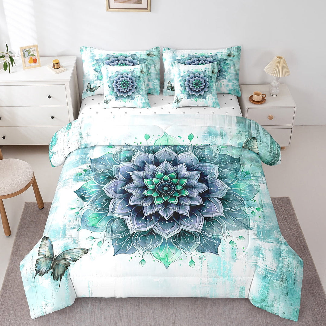Erosebridal 7-Piece Chic Floral Twin Bedding Women Mandala Flower Comforter Set,Teal Ombre Bedding Comforter Sets Gradient Oil Painting Bed In A Bag,Vintage Watercolor Bedding