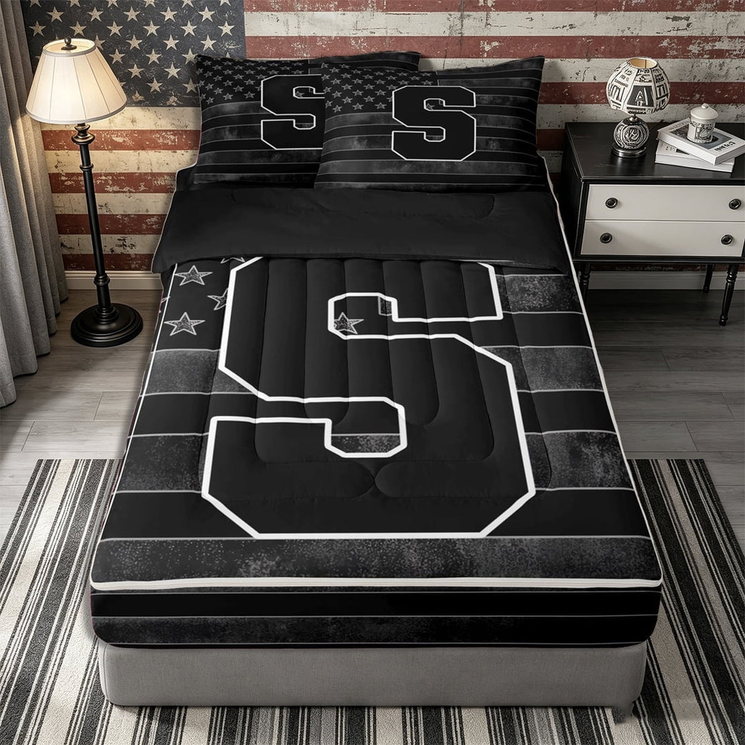Meiyoeat Distressed US Flag Letter S Zipper Twin Comforter Sets with Fitted Sheet and 2 Pillowcases for Men Youth, Patriotic Print Zipper Bedding Set, Black Gray White,4-Piece,Black Reversible