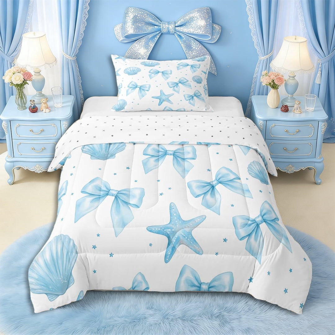 Erosebridal Blue Starfish Bow Knot Twin Comforter Sets 3-Piece for Girls,Ocean Theme Princess Bow Bedding Set for Teens Adults,Breathable Home Decor