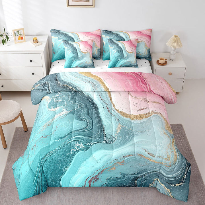 Marble Comforter Adults Stone Pattern 7 Pieces Bedding Set Marbling Fluid Texture Sheet Set Twin Size Watercolor Abstract Art Bed Set,Blue And Pink