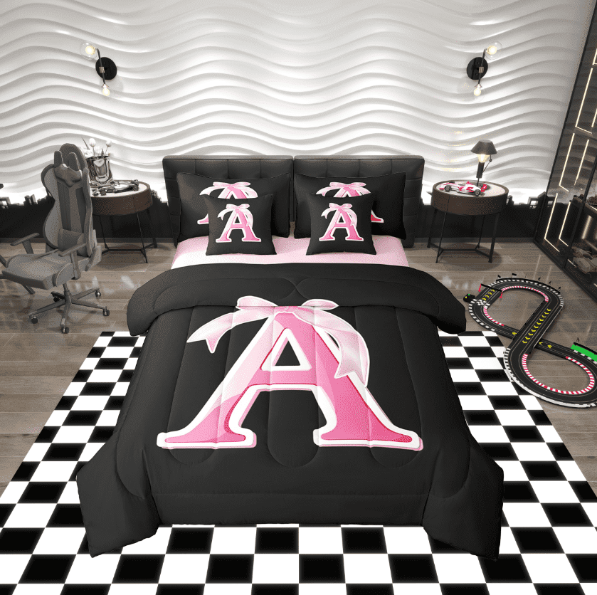 Erosebridal Initial Letter A Bedding Sets Twin Size, Black Pink Comforter Sets with Sheets, Kawaii Bow-tie Reversible Bed Set, Lightweight Room Decorative, 7pcs