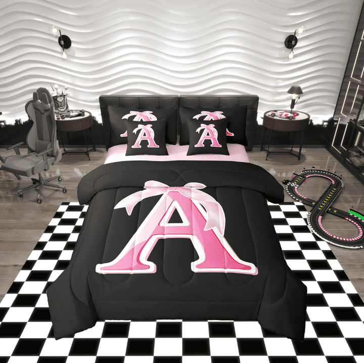 Erosebridal Initial Letter A Bedding Sets Twin Size, Black Pink Comforter Sets with Sheets, Kawaii Bow-tie Reversible Bed Set, Lightweight Room Decorative, 7pcs