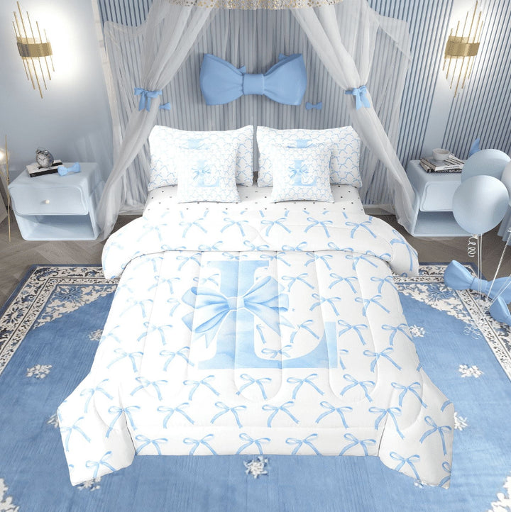 Erosebridal Initial Letter Bedding Sets Twin Size,Monogrammed Bowknot Comforter Sets with Sheets,Kawaii Decoration,Reversible,7pcs