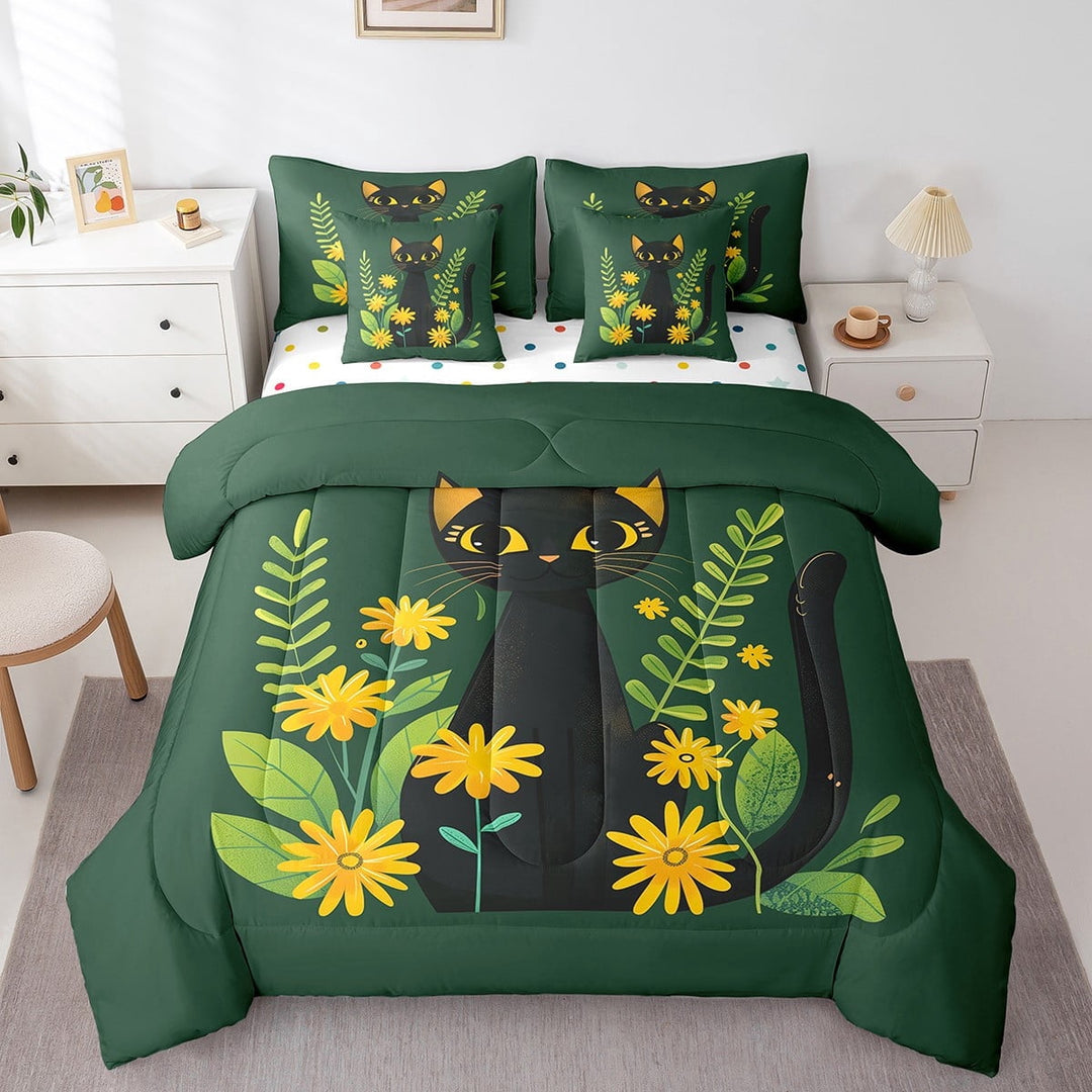 Erosebridal Cartoon Kitten Bedding Sets Twin Size,Yellow Flower Floral Comforter Sets with Sheets,Green Botanical Leaves Bed in a Bag Twin Size,Microfiber Room Decoration Reversible,7-Piece