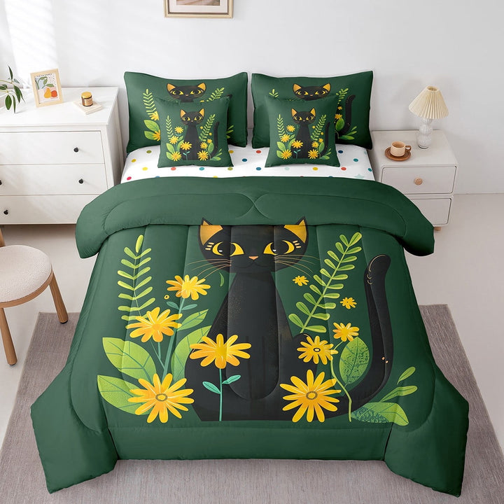 Erosebridal Cartoon Kitten Bedding Sets Twin Size,Yellow Flower Floral Comforter Sets with Sheets,Green Botanical Leaves Bed in a Bag Twin Size,Microfiber Room Decoration Reversible,7-Piece
