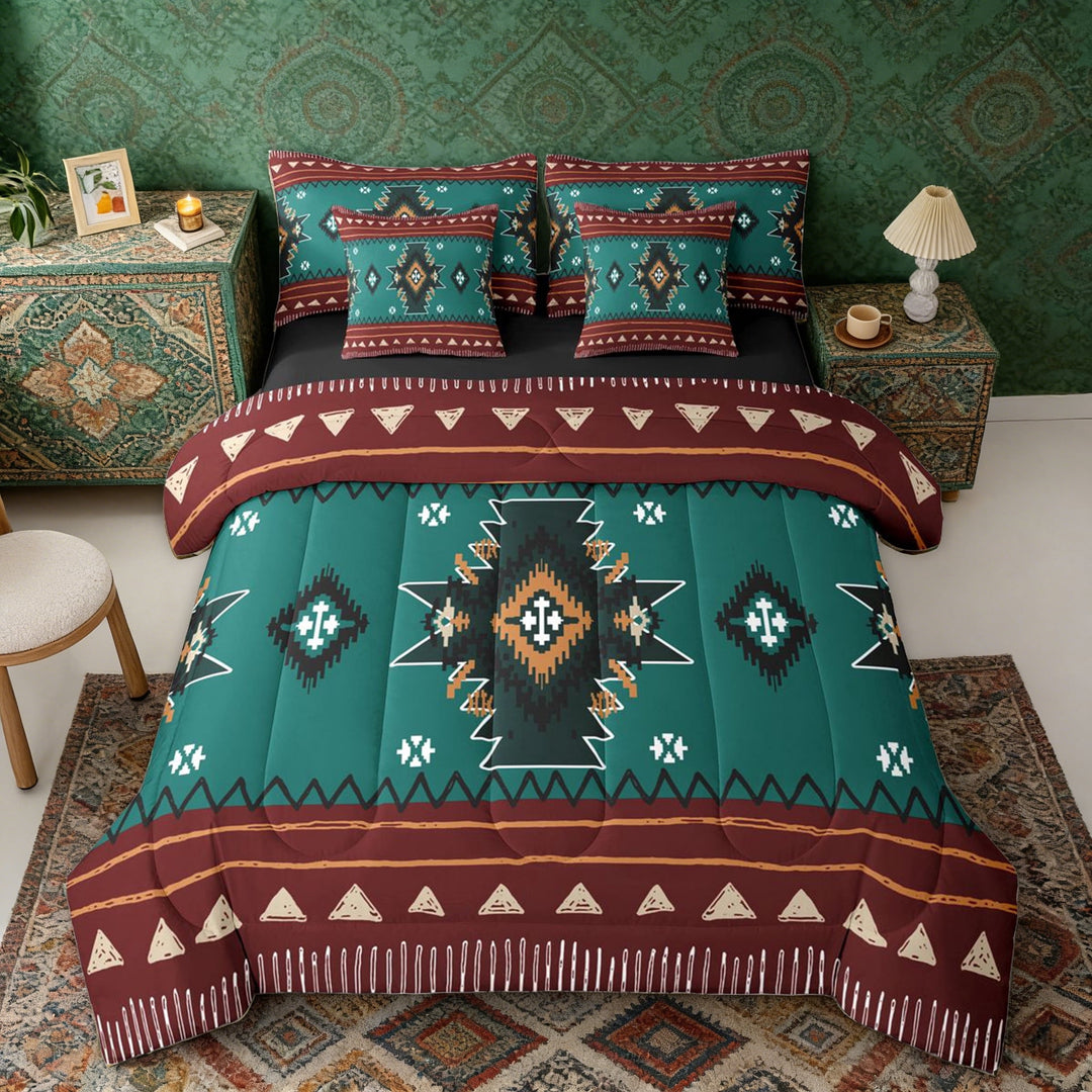Erosebridal Bohemian Aztec Twin Bedding Sets, Green Red Aesthetic Bedding Comforter Set, Black Reversible 7 Pieces