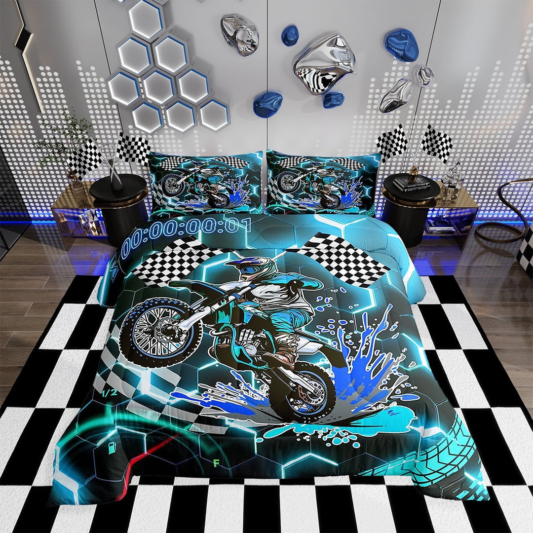 Racing Motorcycle Comforter Set ,Teal Neon Lights Honeycomb Bedding Set Dirt Bike Motocross Quilt Moto Extreme Sports Duvet Insert,Black White Lattice Buffalo Plaid Decor