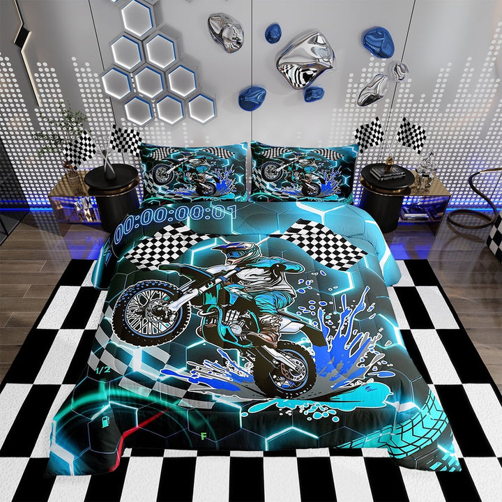Racing Motorcycle Comforter Set ,Teal Neon Lights Honeycomb Bedding Set Dirt Bike Motocross Quilt Moto Extreme Sports Duvet Insert,Black White Lattice Buffalo Plaid Decor