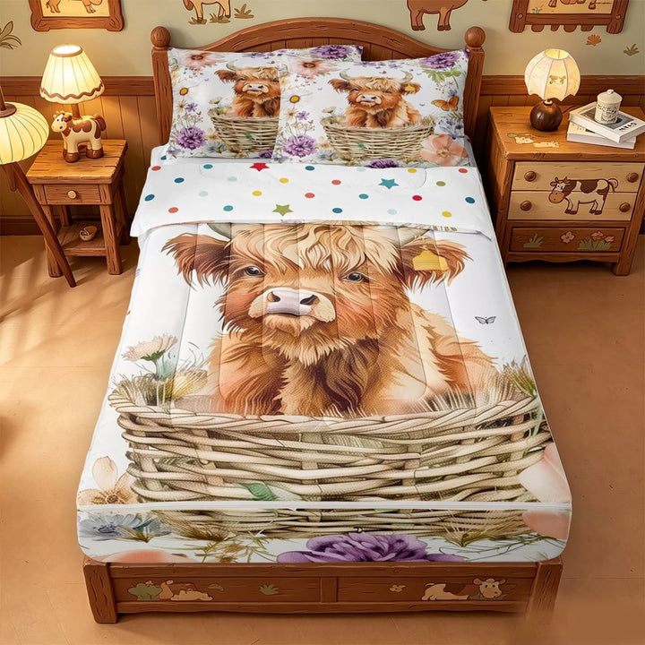meiyoeat Rustic Plant Floral Zipper Twin Comforter Sets with Fitted Sheet and 2 Pillowcases,Cute Farm Highland Cow Zipper Bedding Set,Polkadot Reversible,4pcs