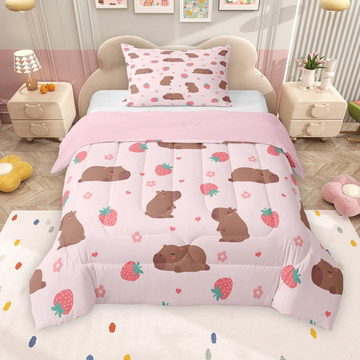 Erosebridal Cute Capybara Twin Comforter Sets for Girls, Pink Strawberry Bedding Set, Pink Reversible, 1 Comforter and 1 Pillowcase