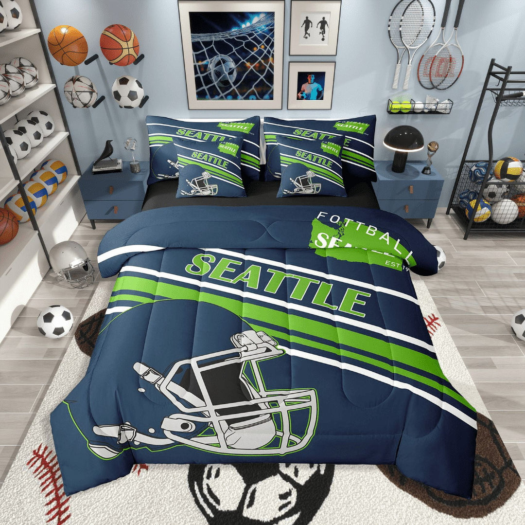 Erosebridal Football Print Bedding Sets Twin Size,Sport Gamer Comforter Sets with Sheets,Rugby Decoration(Seattle),Reversible,Breathable,7pcs