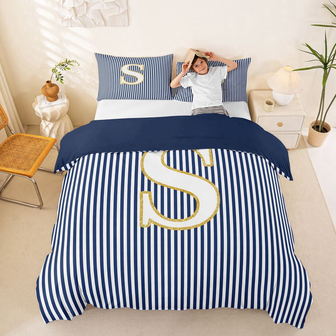 Erosebridal Kids Cartoon Monogrammed S Queen Duvet Cover Set, Navy Stripes Ombre Bedding, 3-Piece, No Comforter