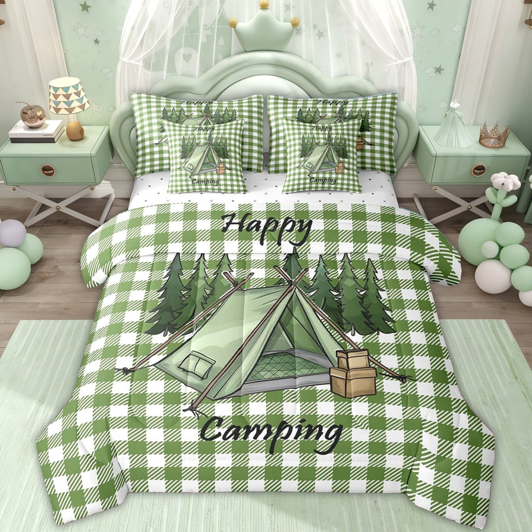Erosebridal Green Plaid Tent Camping Bedding Comforter Set, Pine Tree Happy Quote Queen Bedding Sets for Men and Women, 7 Pieces