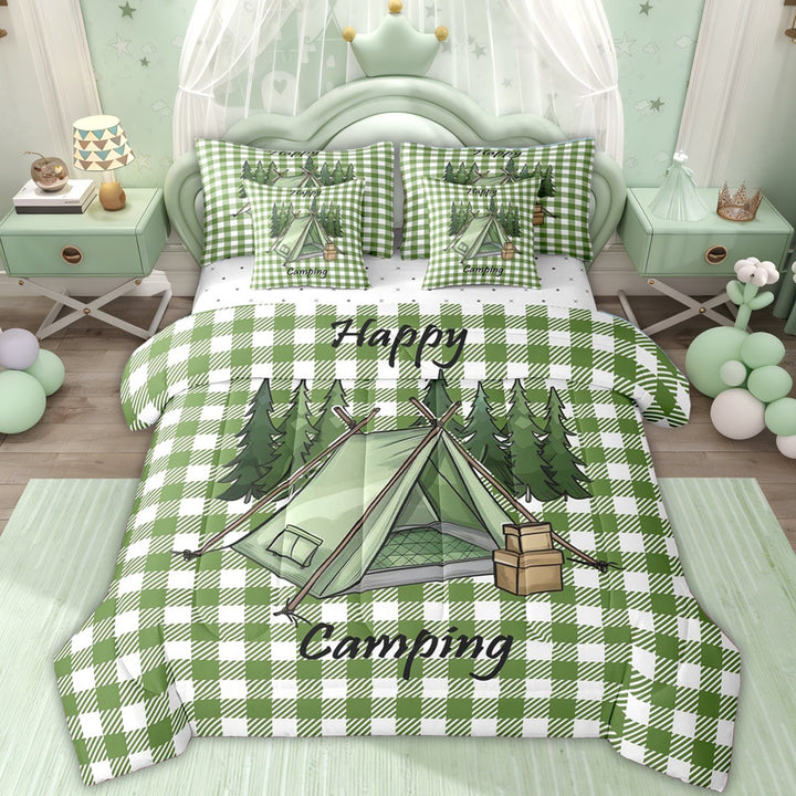 Erosebridal Green Plaid Tent Camping Bedding Comforter Set, Pine Tree Happy Quote Queen Bedding Sets for Men and Women, 7 Pieces