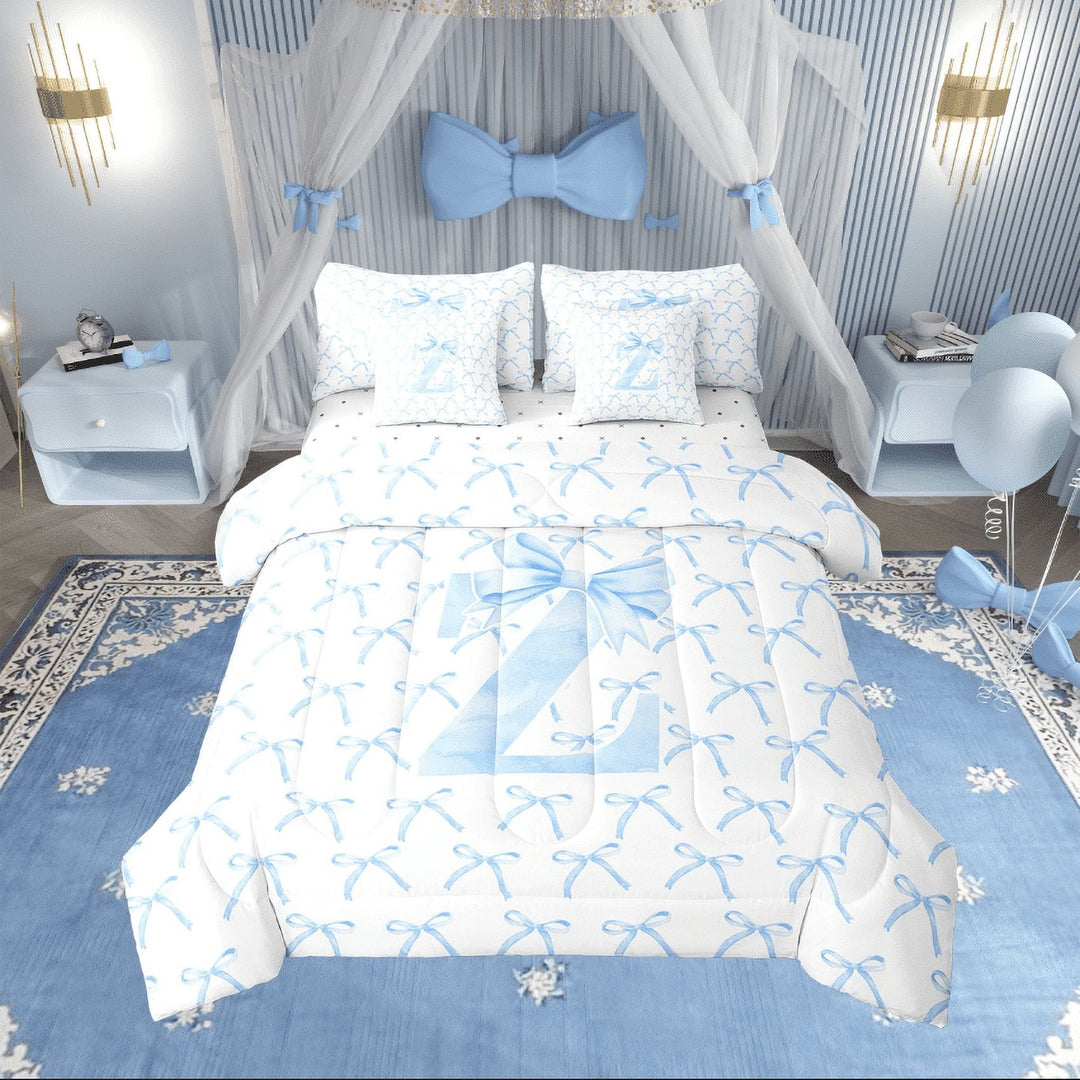 Erosebridal Kawaii Bowknot Bedding Sets Twin Size,Initial Letter Comforter Sets with Sheets,Monogrammed Decor,Reversible,7pcs
